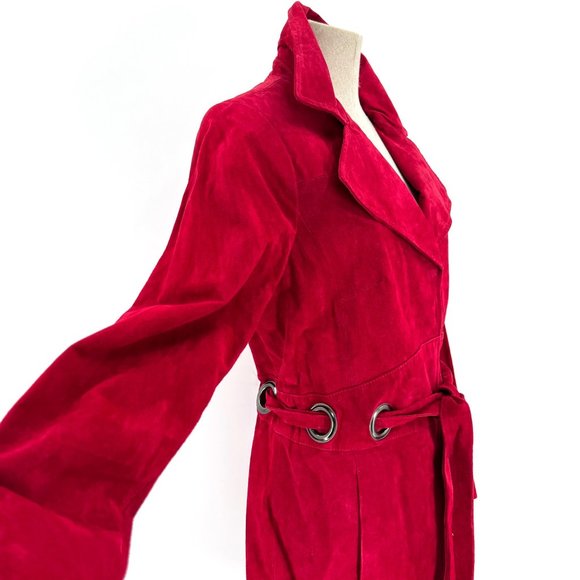 Bradley Bayou Cranberry Red Suede Leather Coat with Grommets/Sash Tie Size S - Picture 2 of 8